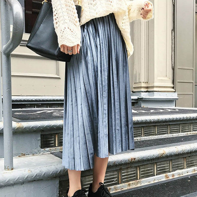 Spring 2020 Women Long Metallic Silver Maxi Pleated Skirt Midi