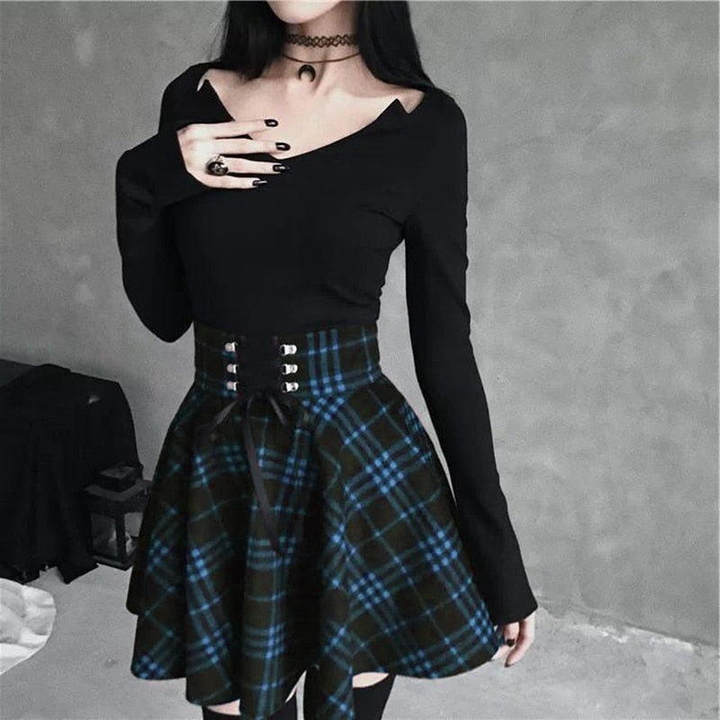 Gothic Plaid Mini Skirt Women Vintage Lace Up High Waist Draped A