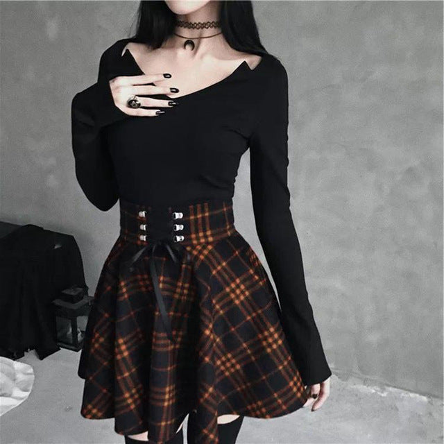 Gothic Plaid Mini Skirt Women Vintage Lace Up High Waist Draped A