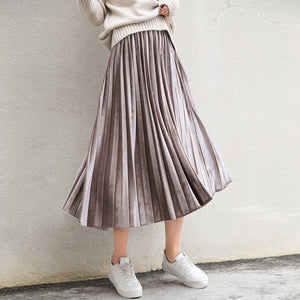 Spring 2020 Women Long Metallic Silver Maxi Pleated Skirt Midi Skirt High Waist Elascity Casual Party Skirt