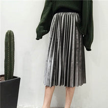 Load image into Gallery viewer, Spring 2020 Women Long Metallic Silver Maxi Pleated Skirt Midi Skirt High Waist Elascity Casual Party Skirt
