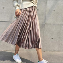 Load image into Gallery viewer, Spring 2020 Women Long Metallic Silver Maxi Pleated Skirt Midi Skirt High Waist Elascity Casual Party Skirt
